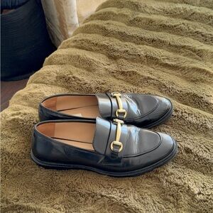 H&M Real Leather, Black Loafers with Gold Accent